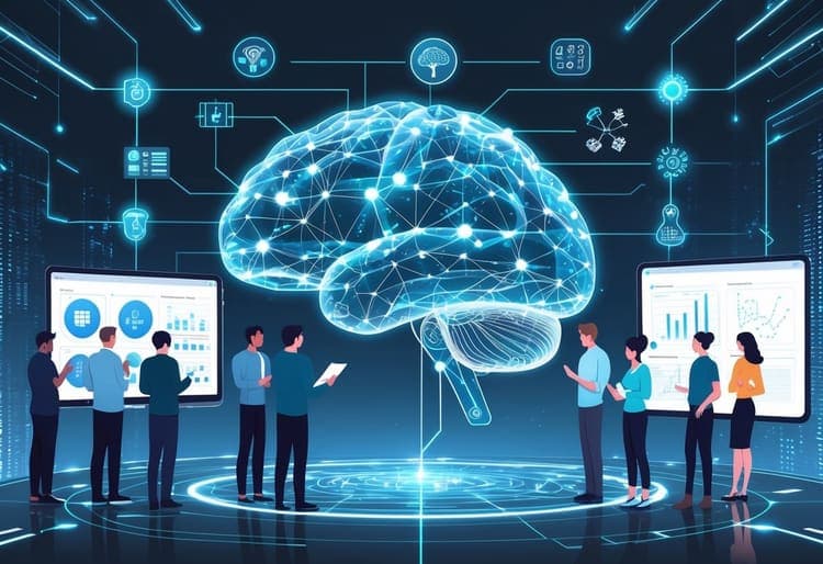 AI training team analyzing a connected artificial intelligence brain